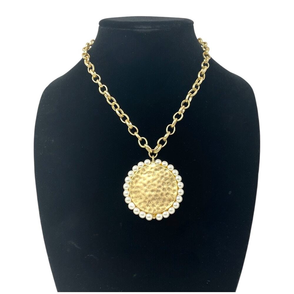 Chico’s Abilene Pearl-Trim Hammered Gold Statement Pendant Necklace | NWT